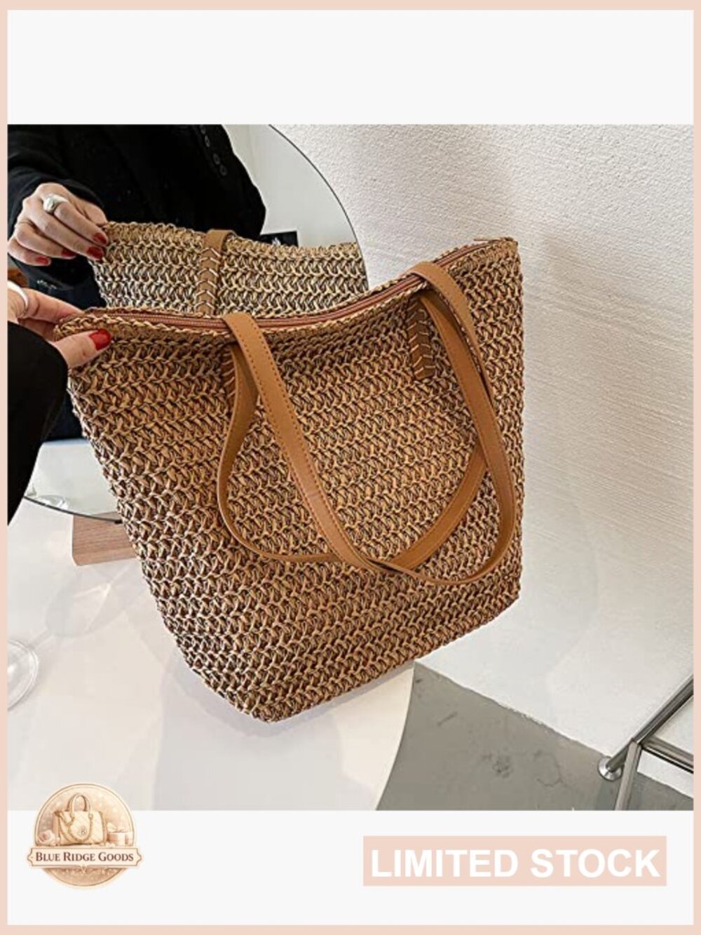 Straw Tote Bag Large Summer Beach Shoulder Bag with Zipper - Picture 6 of 7